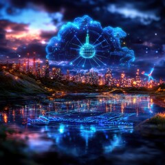 Fototapeta premium Breathtaking glowing futuristic cityscape with tall skyscrapers and illuminated architecture reflected in a calm water surface under a dramatic cloudy sky Surreal