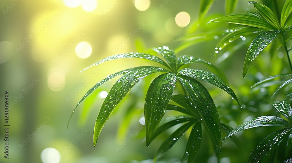 Poster close up of lush green leaves with raindrops blurred background with a bokeh effect