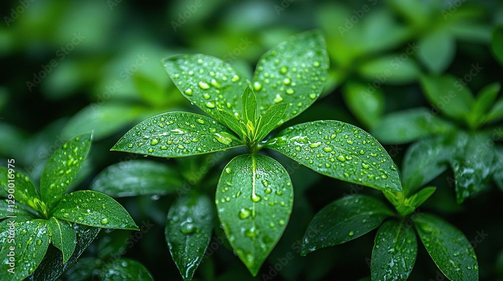 Poster close up of lush green leaves with raindrops blurred background with a bokeh effect