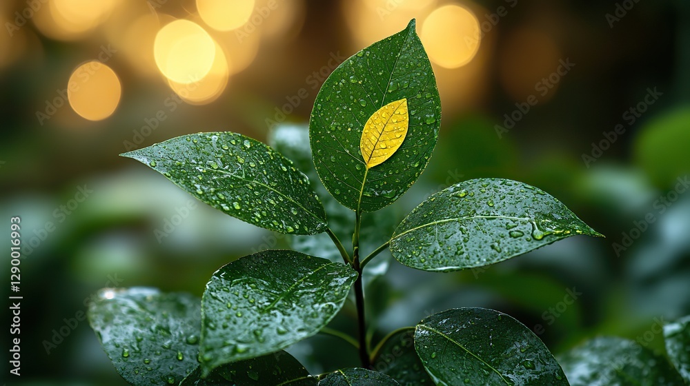 Poster close up of lush green leaves with raindrops blurred background with a bokeh effect