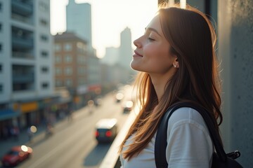 Fototapeta premium A young Hispanic woman with long brown hair enjoying the sunset in an urban environment, with a peaceful expression, standing against a cityscape background