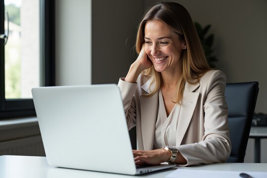 Cheerful Young Woman in Professional Attire Working on Laptop at Modern Office Desk with Natural Light and Green Indoor Plants