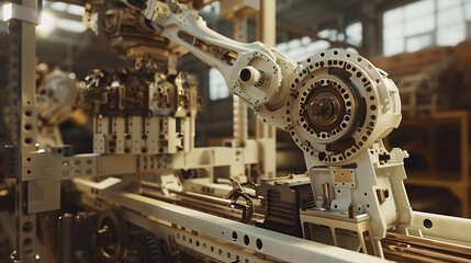 Fototapeta premium A robotic arm assembling intricate machinery in a high-tech factory.