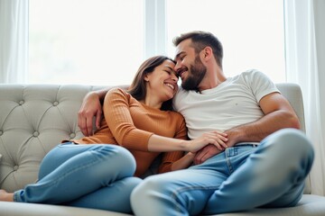 Obraz premium A Romantic Evening: A Young Caucasian Couple Embracing and Smiling Together on a Cozy Sofa in a Brightly Lit Living Room, Sharing Intimate Moments of Affection
