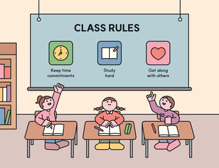 Classroom scene with children learning and a board displaying class rules: keep time commitments, study hard, and get along with others. Flat vector illustration.