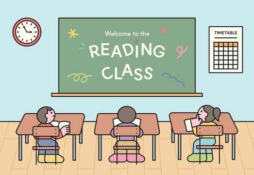 Children reading books in a classroom with a chalkboard that says 'Welcome to the Reading Class'. Flat vector illustration of a school learning environment.