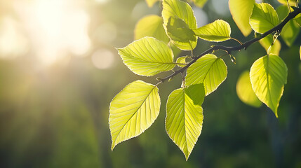 Bright Sunlight Illuminating Green Leaves on a Tree Branch