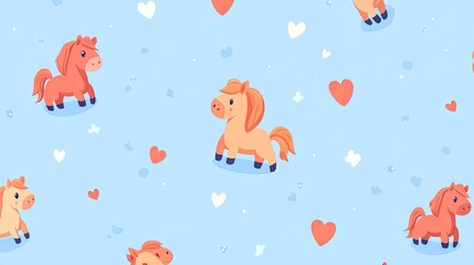 Cute ponies hearts seamless pattern, pastel blue background, fabric design