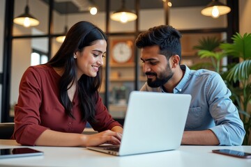 A young South Asian woman and man collaborating on a laptop in a modern office setting, showcasing teamwork and creativity in a bright workspace.
