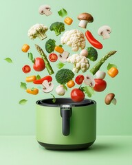 Air fryer recipes vegetables, Fresh vegetables burst from a green pot against a mint backdrop, highlighting healthy cooking and vibrant colors.