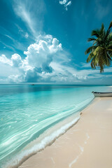Fototapeta premium Panoramic View of a Pristine Tropical Beach with a Lonely Boat in the Distance