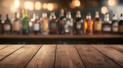 Wooden Bar Counter with Blurred Bottles of Alcohol in Background