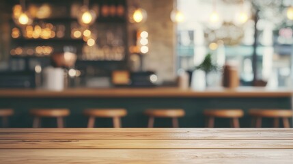 Cozy Coffee Shop Interior with Warm Lighting and Wooden Table