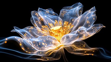 Naklejka premium Ethereal Glowing Flower with Shimmering Petals Radiating Mesmerizing Celestial Light A captivating abstract image featuring a magical otherworldly floral form illuminated by a brilliant