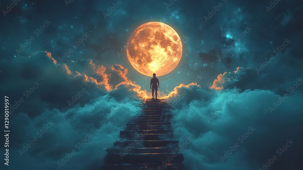 Aufkleber conceptual image of a man climbing a ladder toward a full moon