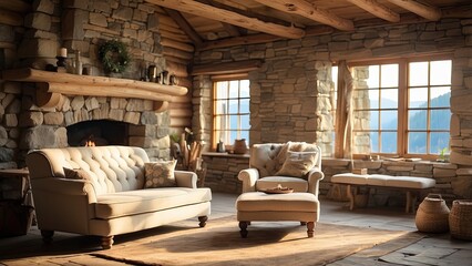 A rustic living room featuring a large stone fireplace with a wooden mantel