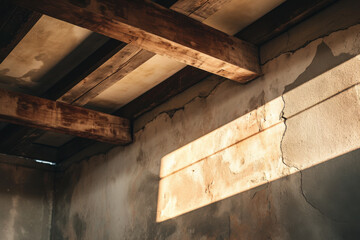 Obraz premium A room with a wooden ceiling and a wall with a shadow on it