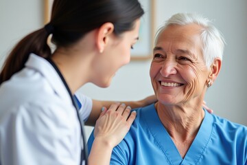 Obraz premium Compassionate Interaction Between a Middle-Aged Female Doctor and an Elderly Female Patient in a Medical Office Setting