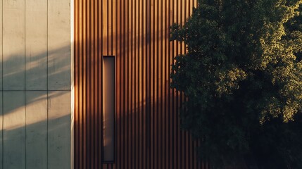 Obraz premium Modern Architecture with Wooden Facade Concrete Wall and Tree