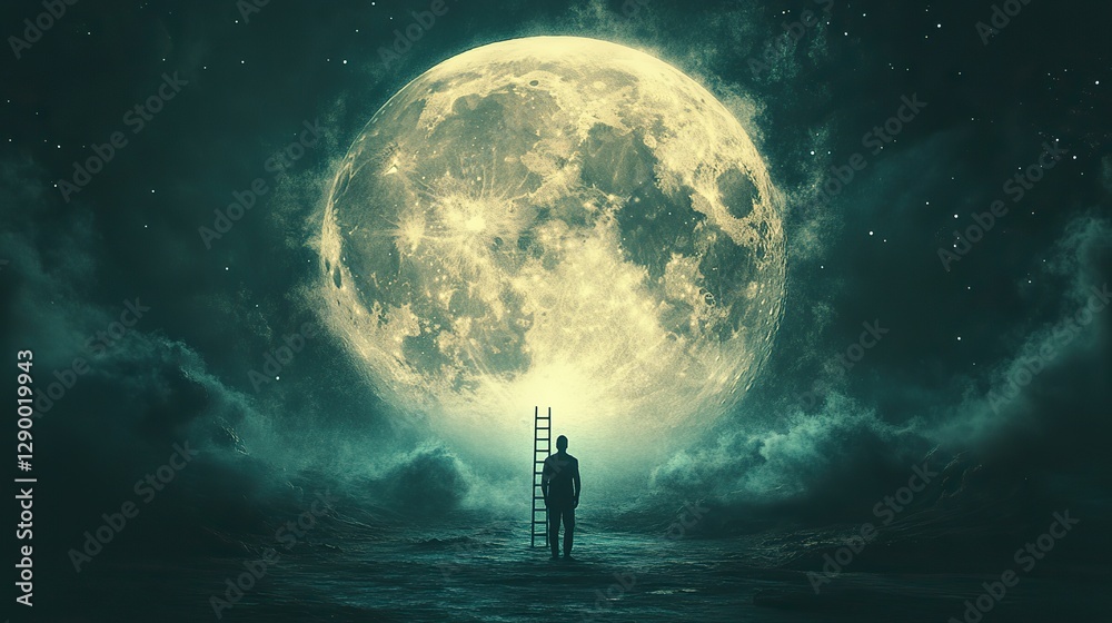 Poster conceptual image of man climbing ladder to the moon mixed media