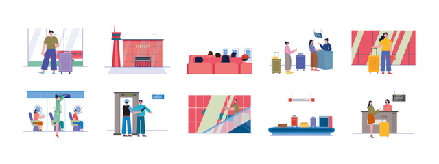 Airport set  illustration. Flay vector illustration concept.