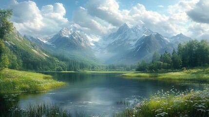 Fototapeta premium creation genesis god planted a garden in a place called eden breathtaking scene featuring dramatic clouds towering mountains and a verdant valley with a serene river