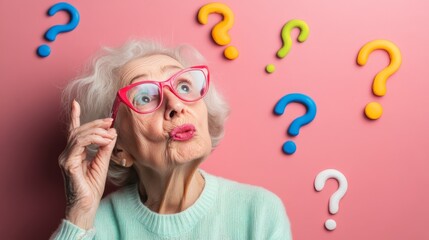 A Thoughtful Quandary: An inquisitive senior woman, framed against a vibrant backdrop and adorned with playful question marks, contemplates a world brimming with mysteries.