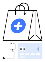 Shopping bag with a medical cross, connected stethoscope, and contactless card highlight modern healthcare, convenient purchases, online medical services. Ideal for e-commerce, telemedicine, digital
