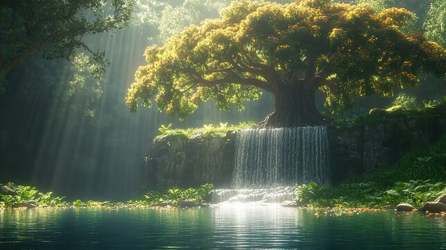 creation genesis god planted a garden in a place called eden serene and verdant landscape featuring a majestic tree flowing water and abundant greenery