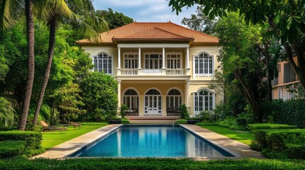 Obraz premium Luxury Villa With Pool Surrounded By Lush Tropical Greenery, Perfect For A Tranquil Getaway.