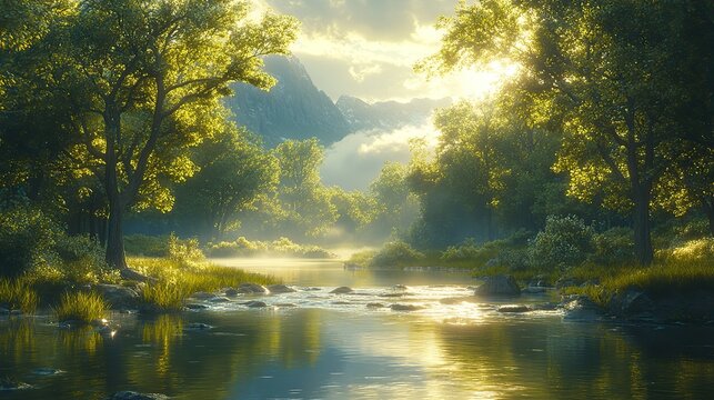 creation genesis god planted a garden in a place called eden serene river flowing in a lush valley
