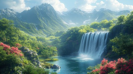 Fototapeta premium creation genesis god planted a garden in a place called eden serene valley nestled between mountains filled with lush foliage various trees and serene waterfalls