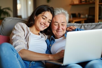 A Young Hispanic Woman and Her Older Caucasian Mother Enjoying Quality Time Together While Using a Laptop at Home, Smiling and Sharing a Heartwarming Moment