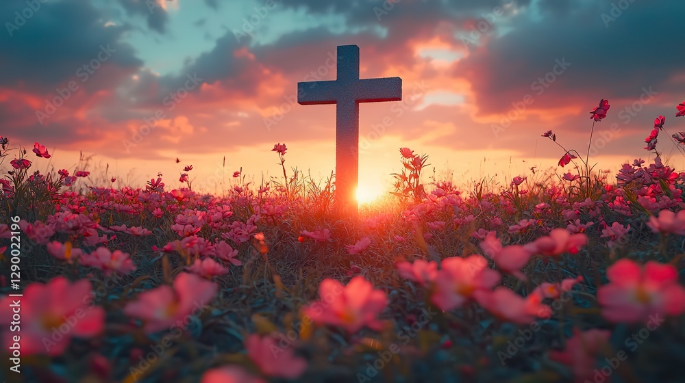 Aufkleber cross and spring flowers in the field retro style toned image
