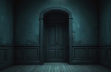 Dark room with arched doorway, wooden floorboards. Walls with decorative paneling. Light shining through arched door creating shadow, mystery, suspense, ominous atmosphere. Interior of house with