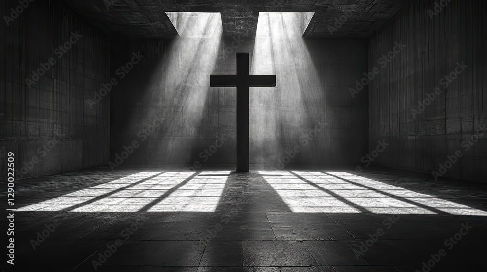 Poster cross in a dark room with lights filtering on the wall black and white image