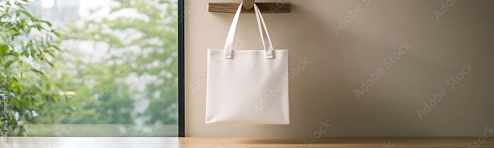 Poster A simple white tote bag hanging by a window with greenery in the background.