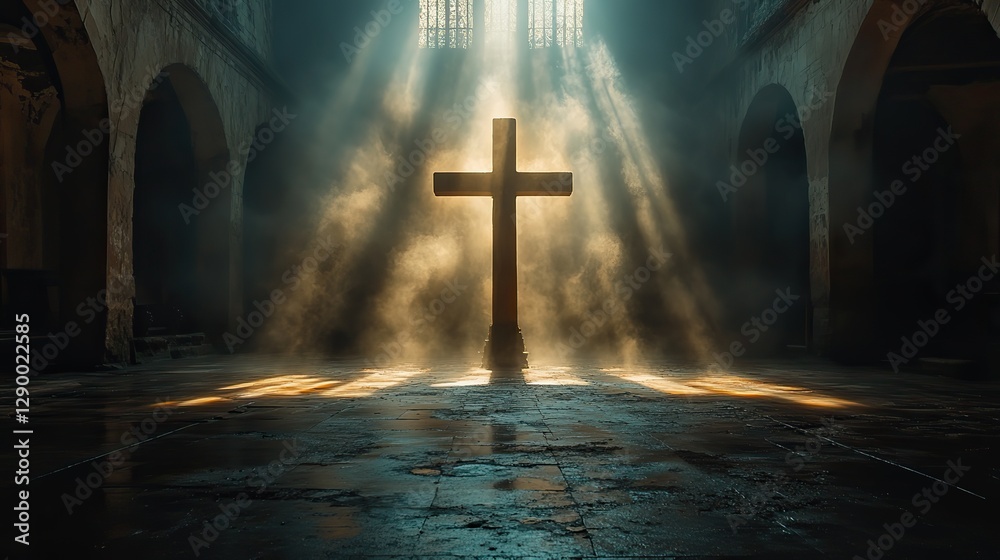 Aufkleber cross in a dark room with rays of light passing through it