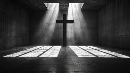 cross in a dark room with lights filtering on the wall black and white image