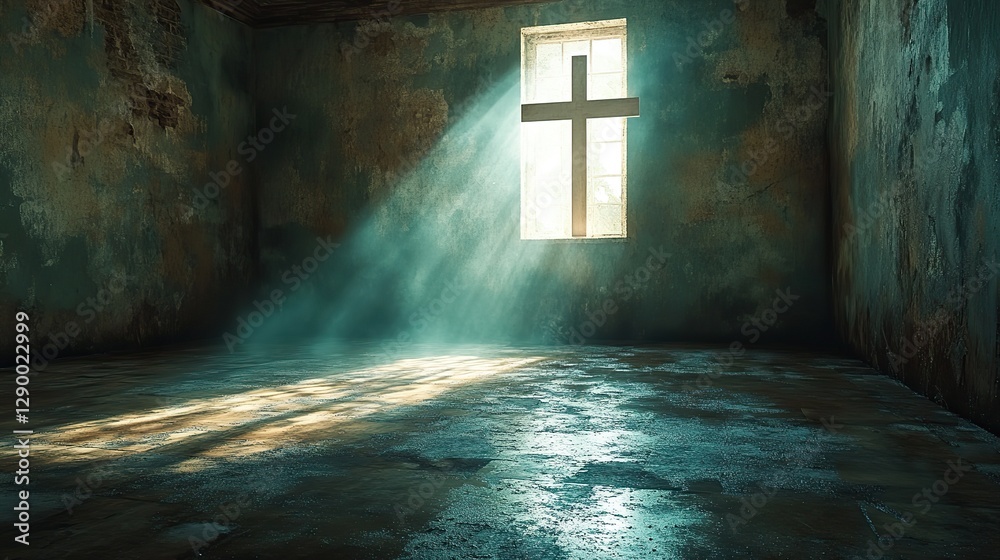 Aufkleber cross in an empty room light coming from the window 3d rendering