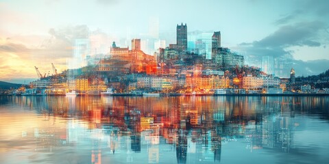 Fototapeta premium Striking cityscape features vibrant colors reflected upon the water surface