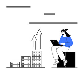 Woman with a laptop observing bar charts and upward arrows. Ideal for business, productivity, growth, success, data analysis, goal achievement, abstract line flat metaphor