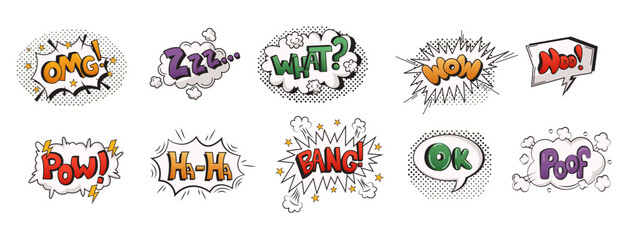 Bright pop art style speech bubbles with various expressions like wow and pow adding vibrant comic book appeal with bold typography and graphic elements.