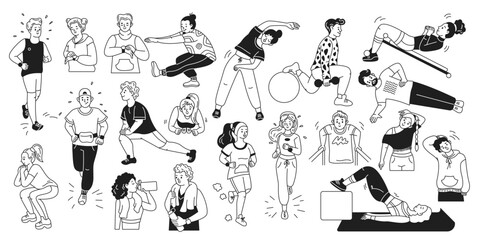 Doodle characters performing fitness exercises linear icons collection. Active healthy lifestyle doodle characters set on white background