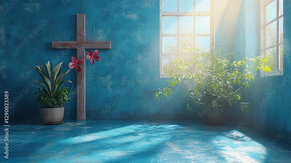 Aufkleber cross in empty room with blue wall and floor sunlight coming from the window 3d rendering