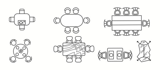 Vector illustration of various dining table designs with different seating arrangements in top view. Ideal for restaurant planning, home interiors, and hospitality design.