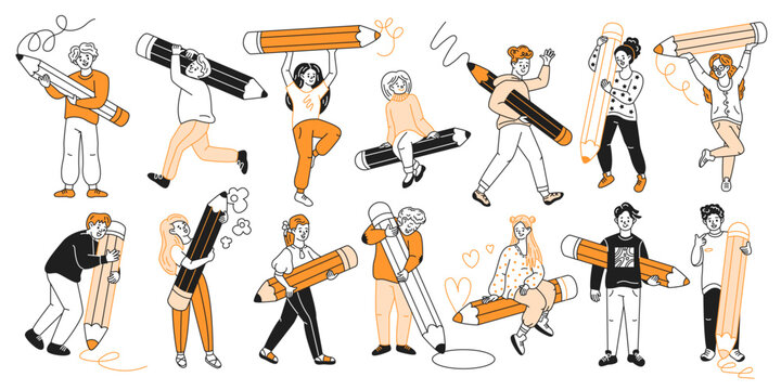 Copywriters designers artists with pencils color linear icons collection. People with creative jobs doodle characters on white background