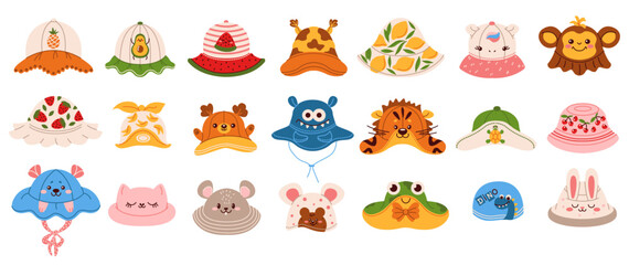 Illustration featuring a variety of adorable children's bucket hats with different fruit, animal, and playful designs, perfect for summer fashion.
