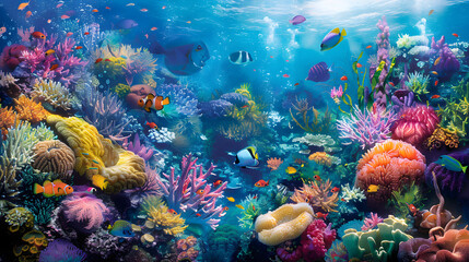 Obraz premium Underwater Paradise: A Vibrant Coral Reef Teeming with Marine Life in Crystal Clear Waters