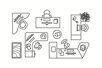 Vector illustration of different office desks with workspace elements, seen from a top-down view. Ideal for corporate interior planning and home office setups.